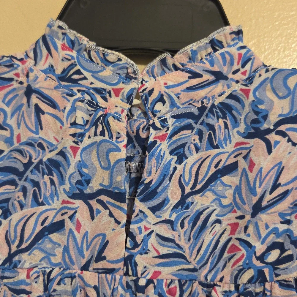 Simply Southern Blue & Pink Leaf Patterned Flowy Smocked Dress Size Youth Small